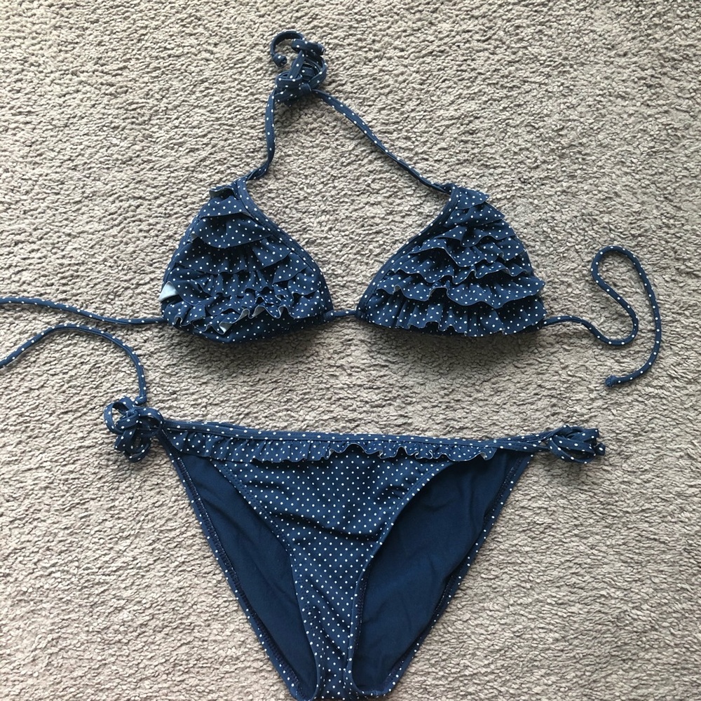 Navy and white polka dot ruffled top bikini
